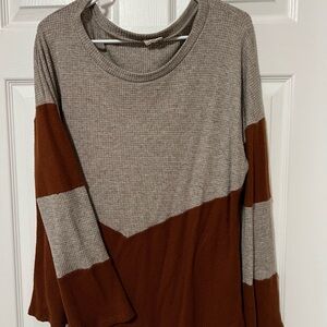 Color Block Long Sleeve Top - Brown and Gray